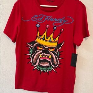 Ed Hardy Red T-Shirt with Bulldog and Crown Design